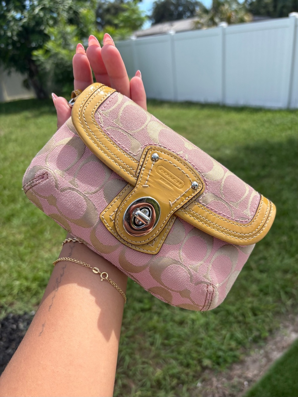 Vintage Coach Pink Signature Legacy Turnlock Flap Wristlet Y2K